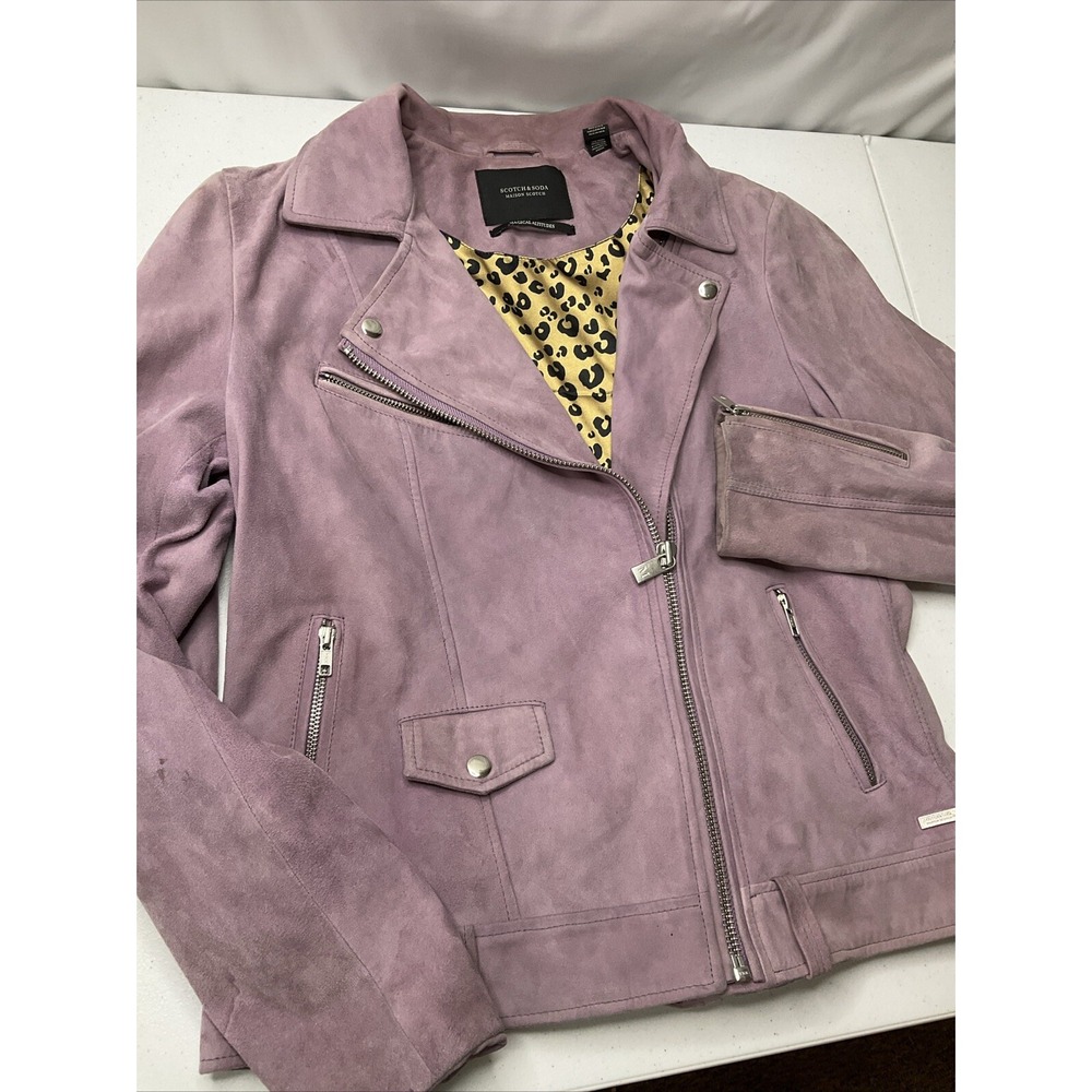 Scotch & Soda Maison Scotch Biker Jacket Goat‎ Leather Suede Lilac Women Sz L - Picture 12 of 12